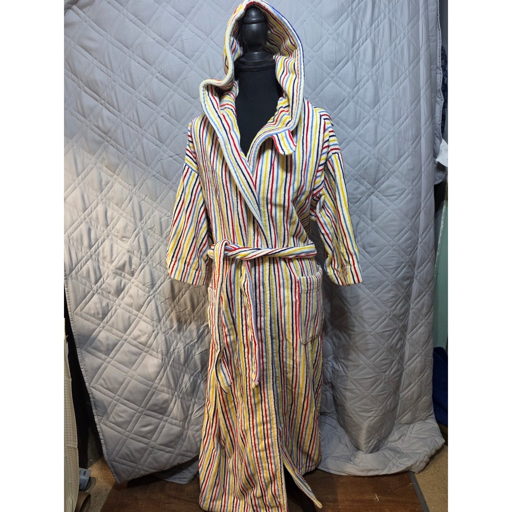 Vintage Kimono Robe Hooded Terry Cloth Striped Rainbow OSFM Loungewear MCM 70s